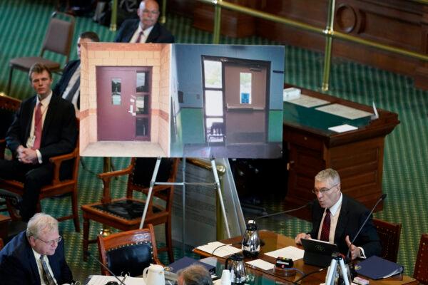 Using photos of doors from Robb Elementary School in Uvalde, Tex., Texas Department of Public Safety Director Steve McCraw testifies at a Texas Senate hearing at the state capitol in Austin, Tex., on June 21, 2022. (Eric Gay/AP Photo)