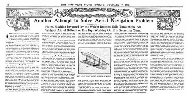 An article published in The New York Times magazine section, Jan. 7, 1906, describes the first few years of the Wright Brothers’ development of their aeroplane design. (Public Domain)
