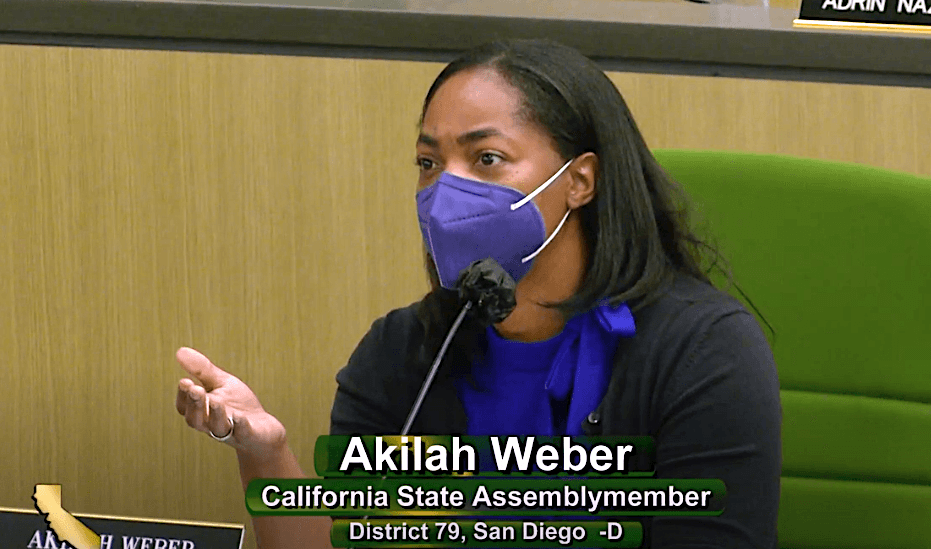 Assemblywomen Dr. Akilah Weber speaks at a hearing in Sacramento on June 21, 2022. (Screenshot via California State Assembly)