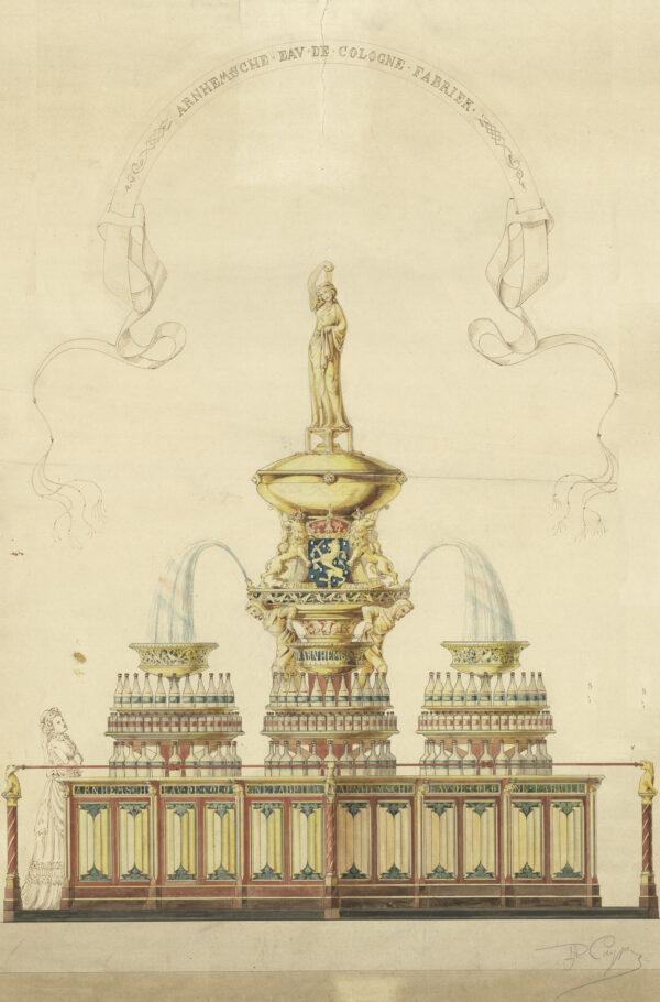 A drawing of the Arnhem perfume fountain designed by Pierre Cuypers. The fountain was displayed inside the exposition’s main building. (Public Domain)