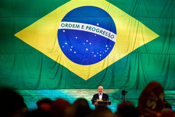 Former president of Brazil Luiz Inacio Lula da Silva speaks during an event to announce Lula's pre-candidacy for October presidential elections along with running mate Geraldo Alckmin at Expo Center Norte in Sao Paulo, Brazil, on May 7, 2022. (Buda Mendes/Getty Images)