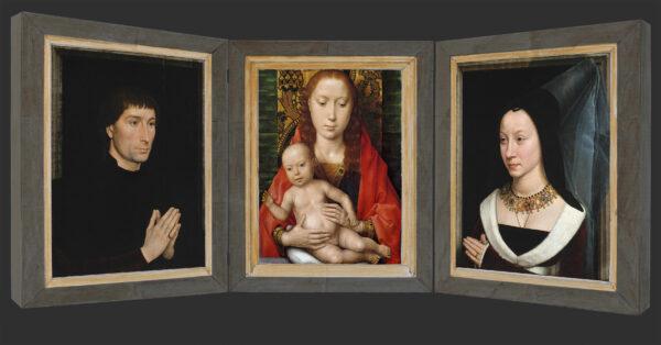 The Metropolitan Museum of Art's "Portrait of Tommaso di Folco Portinari," and "Portrait of Maria Portinari" once flanked a central panel of the Virgin and Child. That original panel is now lost. This image is a hypothetical reconstruction of how Hans Memling’s triptych may have looked, using his “Virgin and Child” owned by The National Gallery, London. Reconstruction design by Timothy Newbery with Evan Read. (Public Domain)