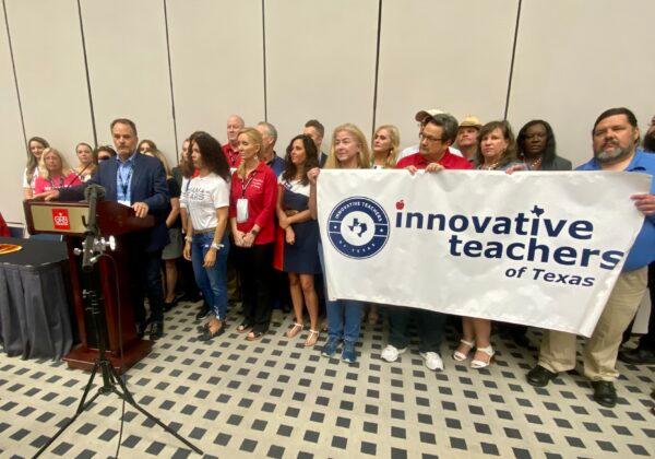 Texas State Rep. Steve Toth speaks at a podium during a news conference with teachers and parents in Houston, Texas, on June 17. 2022. (Darlene Sanchez/The Epoch Times)