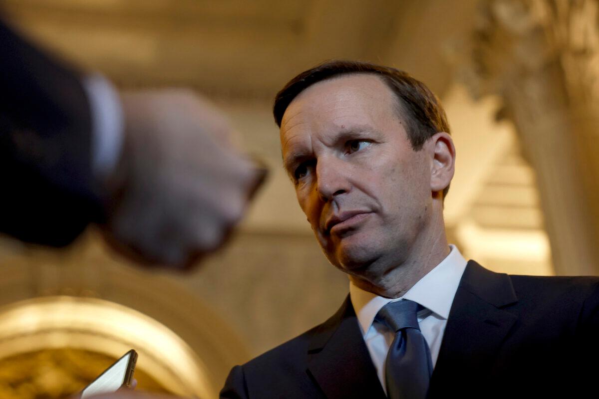 Sen. Chris Murphy (D-Conn.) speaks to reporters outside of the Senate Chambers of the U.S. Capitol in Washington, on June 21, 2022. (Anna Moneymaker/Getty Images)