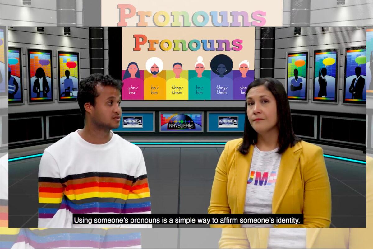 Conchy Vasquez (R) and Jony Rozon, both engineers at the Naval Undersea Warfare Center, Division Newport, discuss the importance of using correct pronouns in a training video for the U.S. Navy. (Courtesy of the Defense Visual Information Distribution Service)