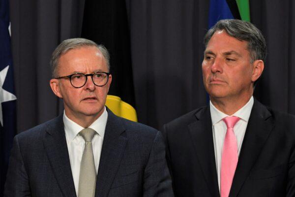 Australian Prime Minister Anthony Albanese (L) and Deputy Prime Minister Richard Marles (R) at a press conference at Parliament House in Canberra, Australia, on May 23, 2022. (AAP Image/Lukas Coch)