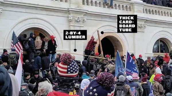 A 2-by-4 and a long cardboard tube similar to the ones described by Eric Clark were passed as weapons outside the Lower West Terrace tunnel on Jan. 6, 2021. (Black Conservative Preacher/Graphic by The Epoch Times)
