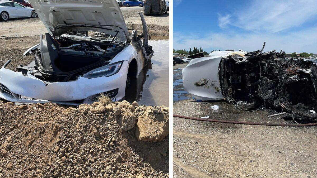 The Tesla Model S that spontaneously burst into flames at a wrecking yard in California. (Courtesy of Sacramento Metropolitan Fire Department)