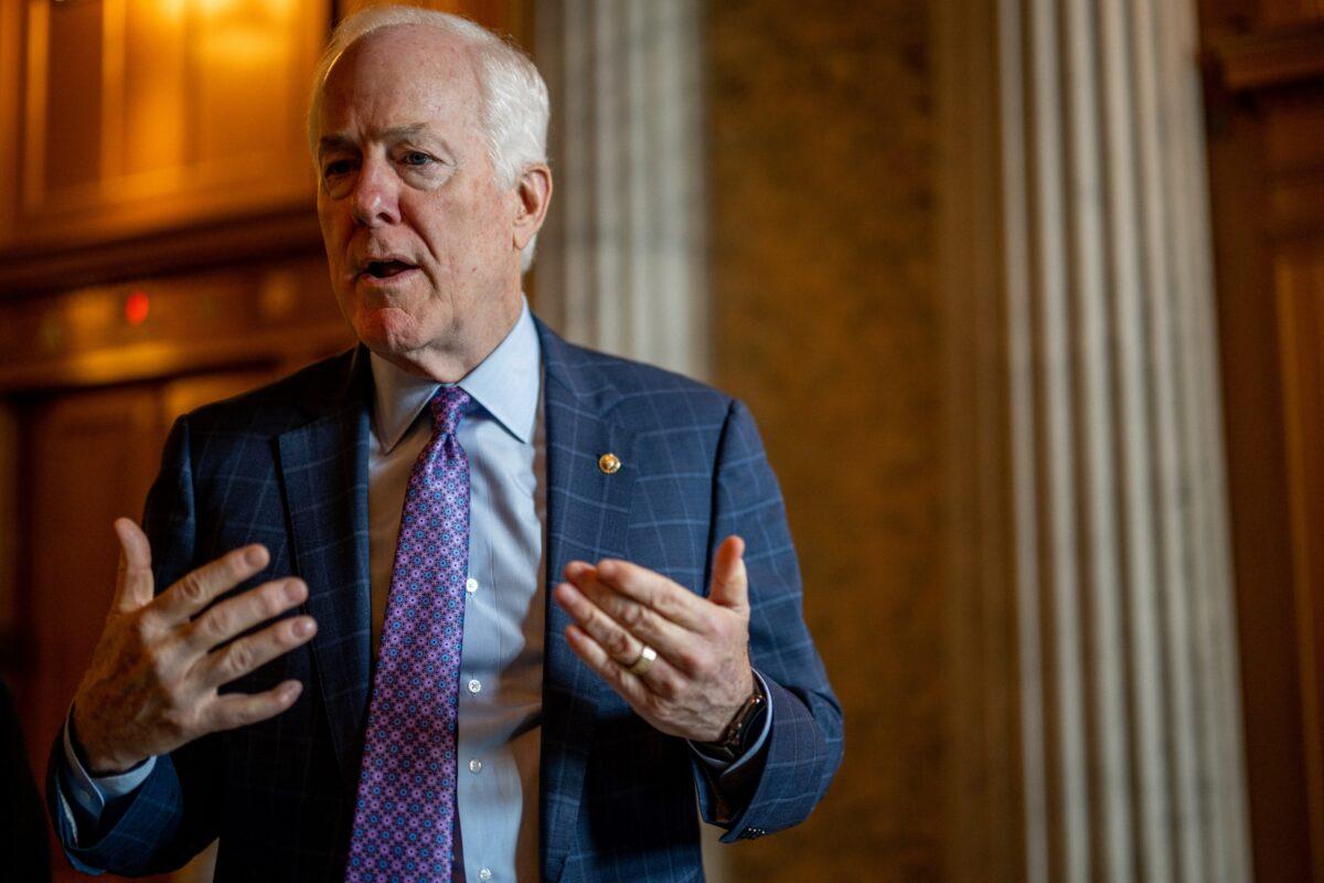 Sen. John Cornyn (R-Texas) speaks to reporters ahead of a weekly Republican luncheon on Capitol Hill in Washington on June 22, 2022. (Brandon Bell/Getty Images)