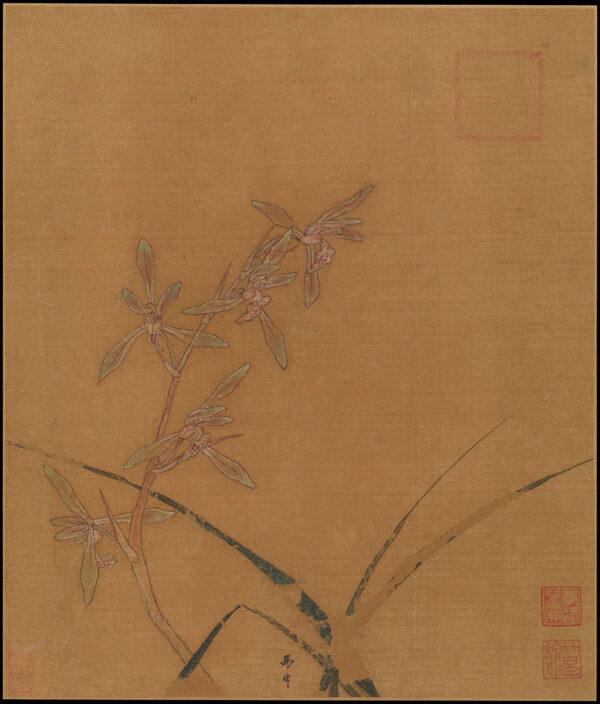 “Orchids” by Ma Lin. Album leaf: Ink and color on silk; 10.4 inches by 8.9 inches. (The Metropolitan Museum of Art, New York)