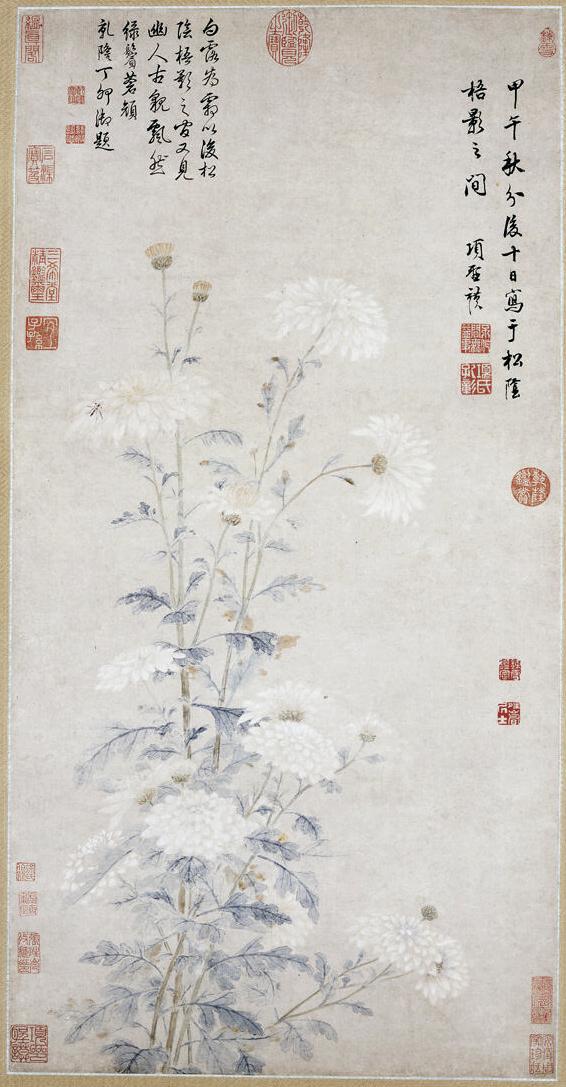 “White Chrysanthemums,” 1654, by Xiang Shengmo. Hanging scroll: Color on paper; 30.4 inches by 15.5 inches. (The Metropolitan Museum of Art, New York)
