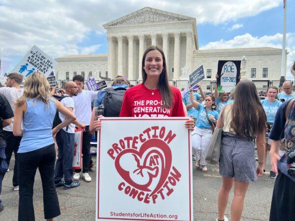 Pro-life protester Georgia Lucas at the U.S. Supreme Court in Washington on June 24, 2022. (Emel Akan/The Epoch Times)