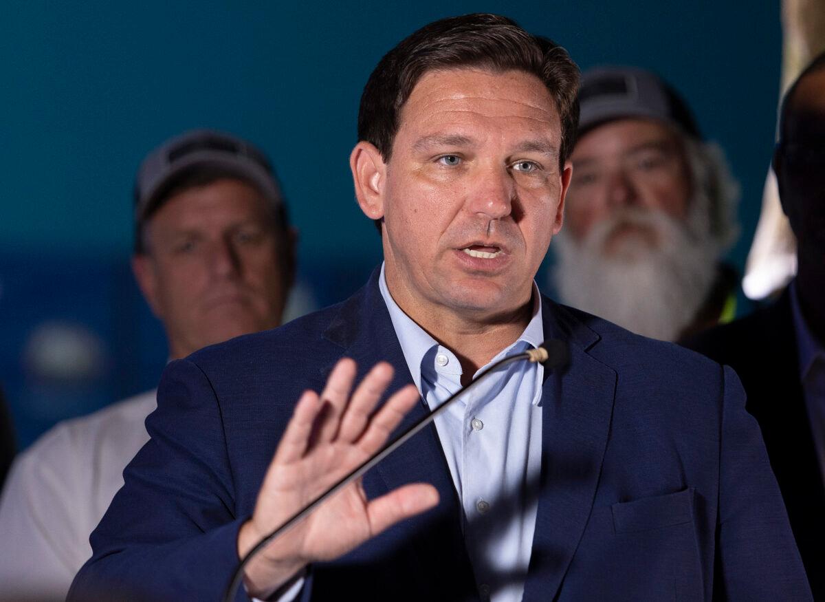Florida Gov. Ron DeSantis speaks during a press conference held at the Cox Science Center & Aquarium in West Palm Beach, Florida, on June 8, 2022. (Joe Raedle/Getty Images)