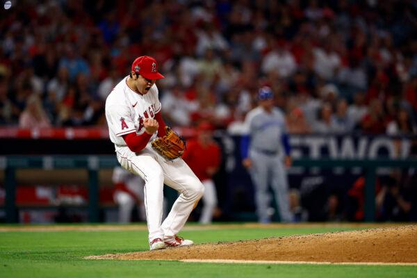 Shohei Ohtani #17 of the Los Angeles Angels reacts after the third out against the Kansas City Royals in the seventh inning at Angel Stadium of Anaheim, in Anaheim, on June 22, 2022. (Ronald Martinez/Getty Images)