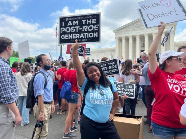 Pro-life leader Norvilia Etienne at the U.S. Supreme Court in Washington on June 24, 2022. (Emel Akan/The Epoch Times)