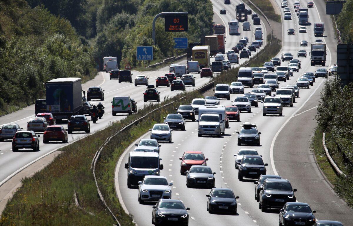Traffic along the M3 motorway near Winchester in Hampshire, England, on Aug. 23, 2019. (Andrew Matthews/PA Media)