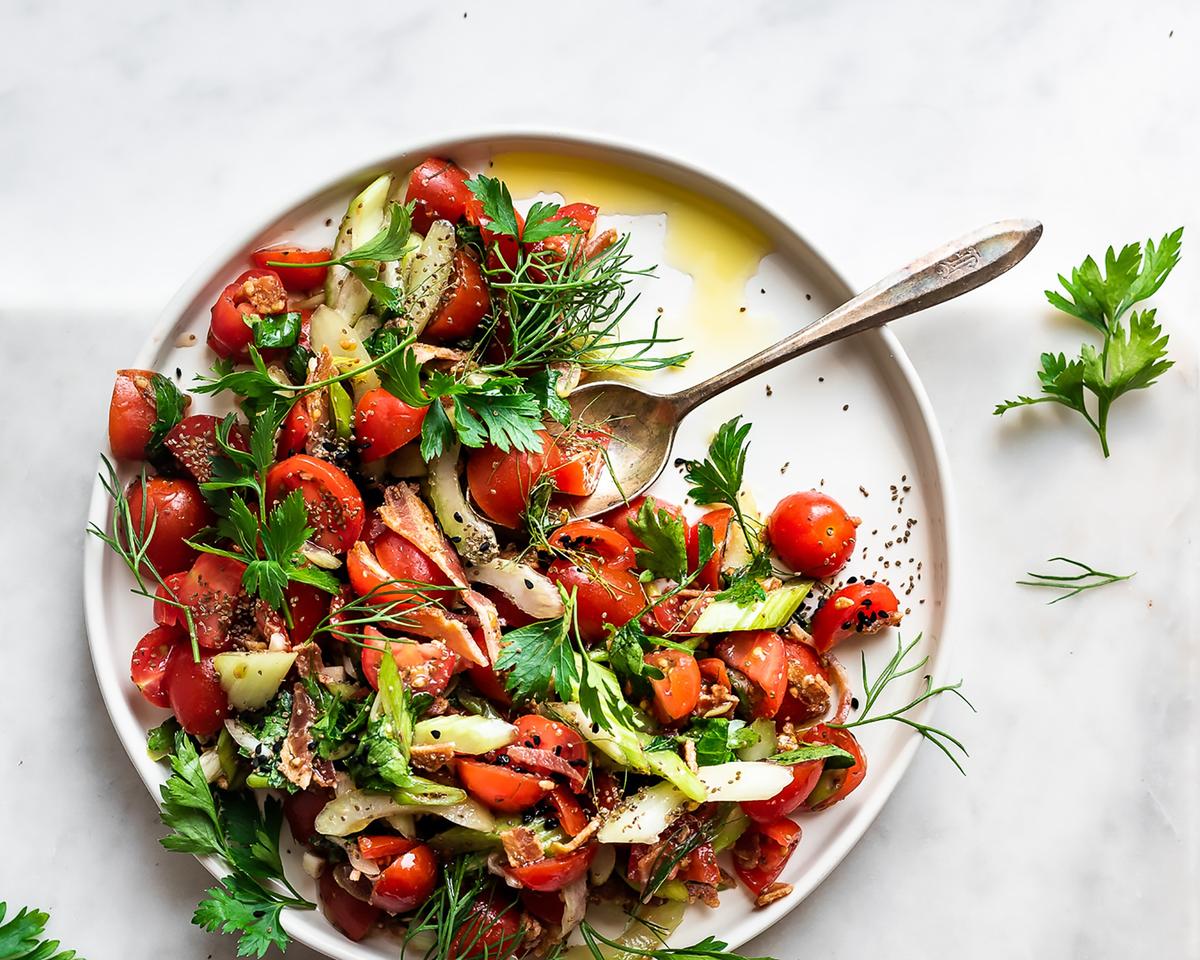 Cherry Tomato, Celery, and Bacon Salad
