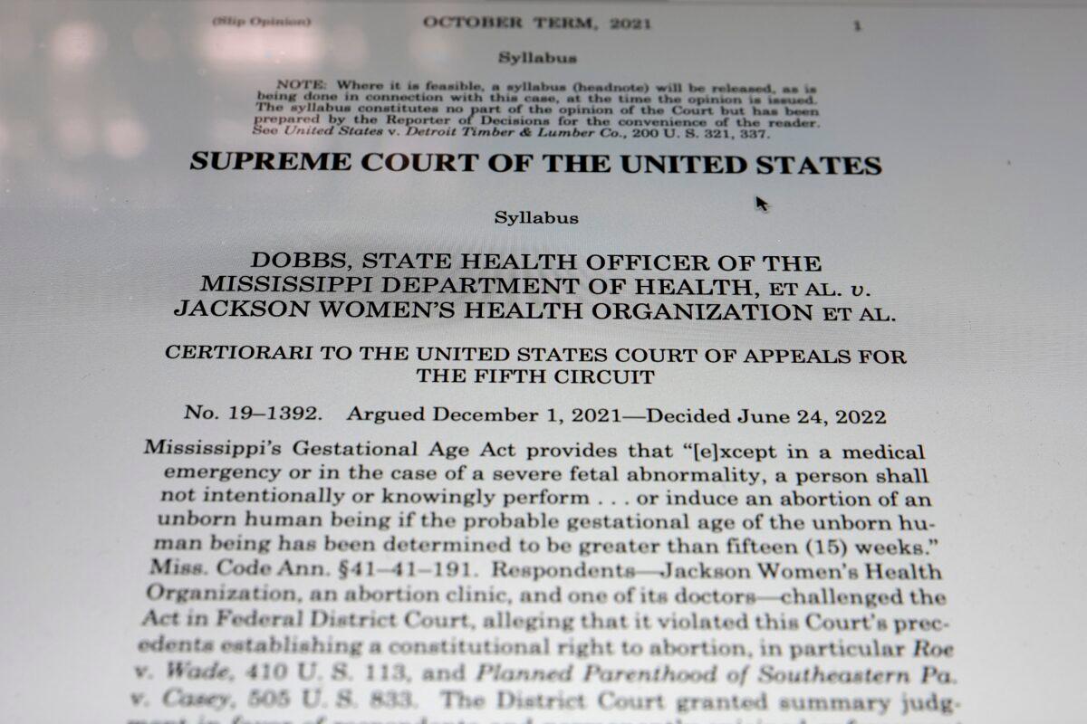 The opening of the majority opinion in Dobbs v. Jackson Women's Health. (Chip Somodevilla/Getty Images)