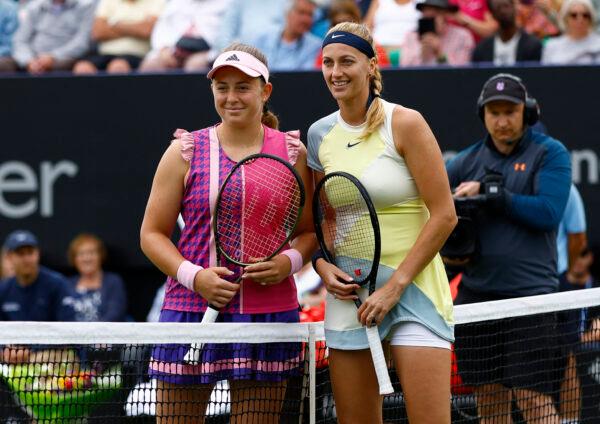 Latvia's Jelena Ostapenko and Czech Republic's Petra Kvitova pose before the final in Devonshire Park Lawn Tennis Club, Eastbourne, Britain on June 25, 2022. (Andrew Boyers/Reuters)