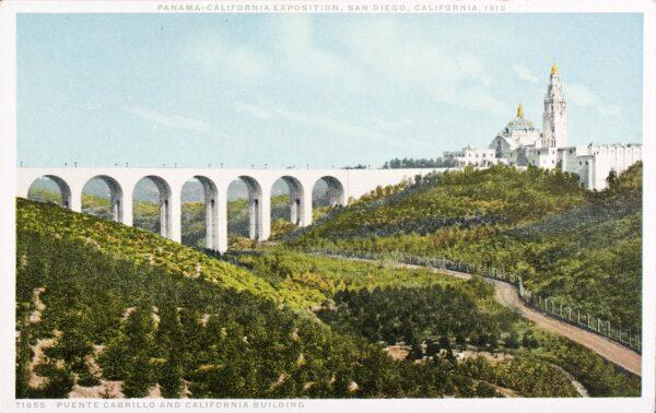 A 1915 postcard illustration of the Cabrillo Bridge entrance to the “magic city” of Balboa Park, in all its old Spanish glory. (Public Domain)