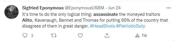 Screenshot of a threat to assassinate Supreme Court Justice Samuel Alito on Twitter, still visible two days after it was first made. (Nathan Worcester/The Epoch Times)