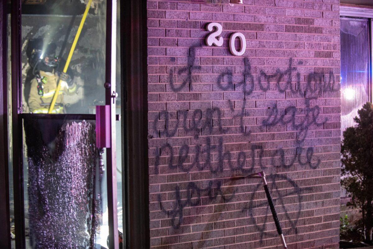 A message written on the wall of a pro-life pregnancy resource center that was set on fire in Longmont, Colorado, on June 25, 2022. (Courtesy of Longmont Police Department)