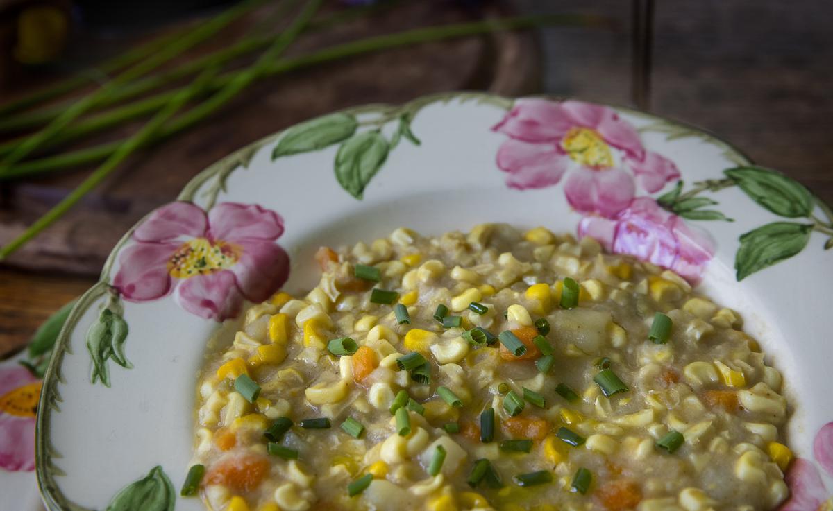 Corn chowder made by Bethany Jean Clement on June 3, 2022. (Ellen M. Banner/Seattle TImes/TNS)