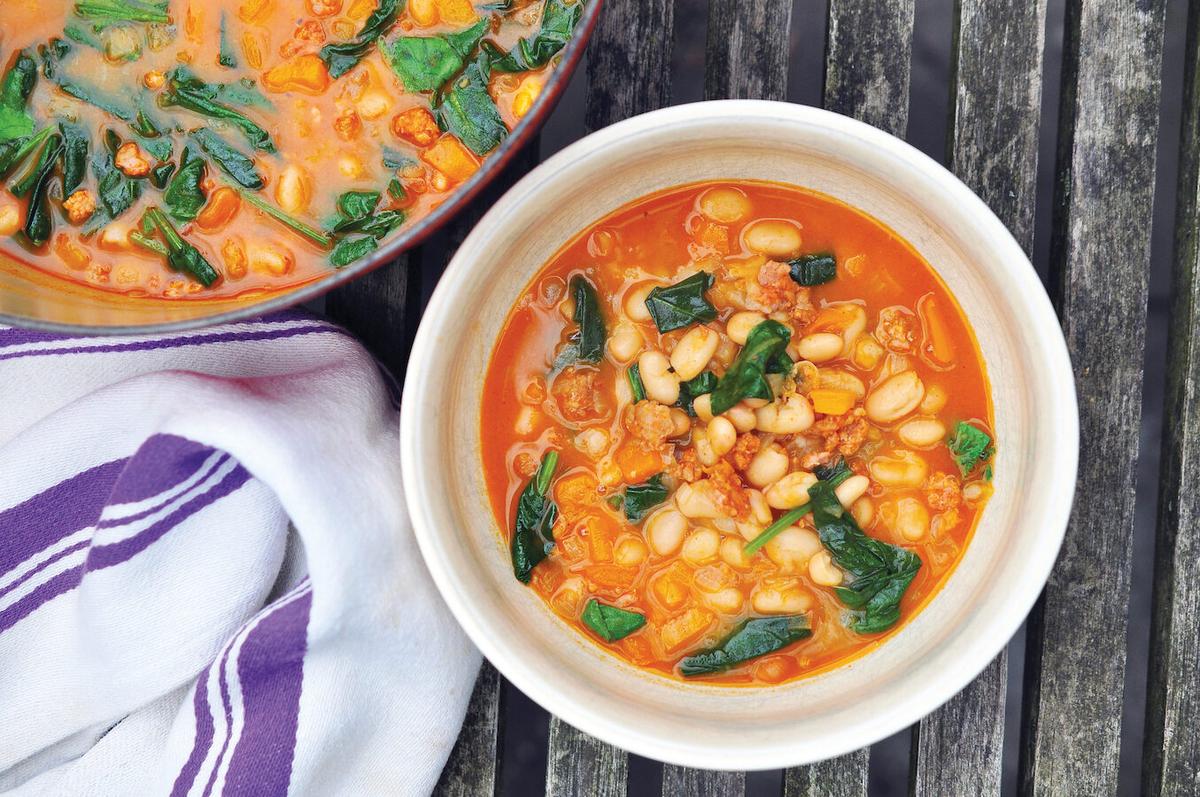 Leanne Brown's white bean, chorizo, and hearty greens stew is quick to make and easy to customize. (Leanne Brown)