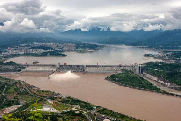 This aerial photo shows water being released from the Three Gorges Dam, a hydropower project on the Yangtze river, in Yichang, Hubei Province, on Sept. 7, 2020. (STR/AFP via Getty Images)