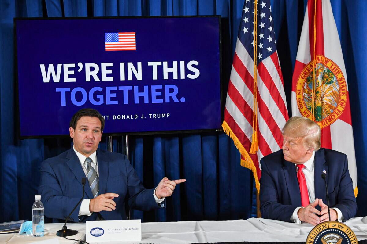 Then-President Donald Trump and Florida's Gov. Ron DeSantis hold a COVID-19 and storm preparedness roundtable in Belleair, Fla., on July 31, 2020. (Saul Loeb /AFP via Getty Images)