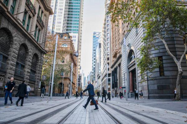 A general view is seen as a businessman crosses George Street in Sydney, Australia, on June 1, 2020. (Mark Kolbe/Getty Images)