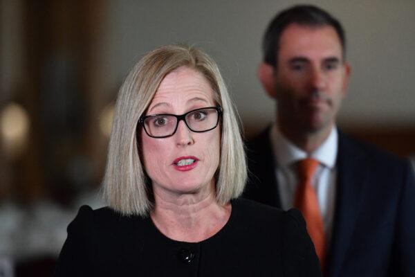 Finance Minister Katy Gallagher and Treasurer Jim Chalmers during a doorstop at Parliament House in Canberra, Australia, on May 11, 2021. (Sam Mooy/Getty Images)