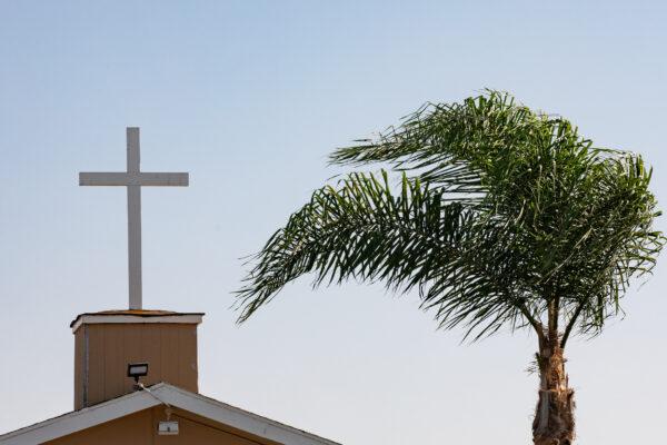 A church steeple near the intersection of Hazard St. and Harbor Blvd., known to authorities as a hotspot for human trafficking in Orange County, in Santa Ana, Calif., on Aug. 24, 2020. (John Fredricks/The Epoch Times)