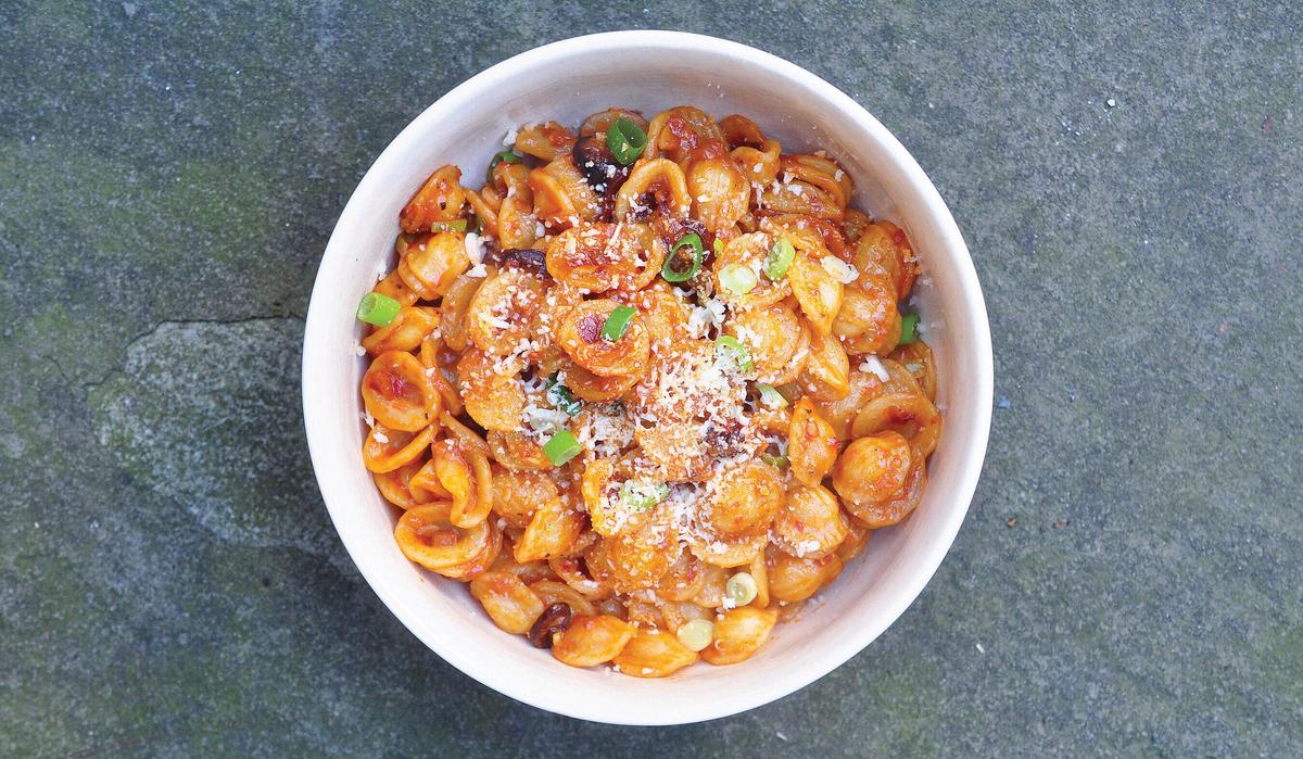 Leanne Brown's go-to pantry pasta mixes together all the spicy, umami things. (Leanne Brown)
