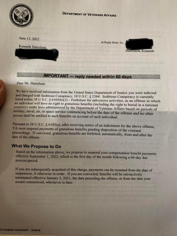 Page 1 of the unsigned letter received by Angel and Kenneth Harrelson from the "Director Regional Office" "informing them that their Veterans Benefits are being suspended due to 38 U.S. Code § 6105 - Forfeiture for subversive activities, which requires that an individual be "convicted" of a listed crime, not "indicted." (Courtesy of Angel Harrelson)