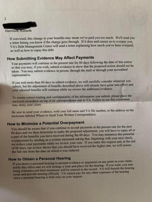 Page 2 of the unsigned June 13, 2022 letter received by Angel and Kenneth Harrelson from the "Director Regional Office" "informing them that their Veterans Benefits are being suspended due to 38 U.S. Code § 6105 - Forfeiture for subversive activities and that they may have "been overpaid, as well as how to repay this debt."<br/>(Courtesy of Angel Harrelson)