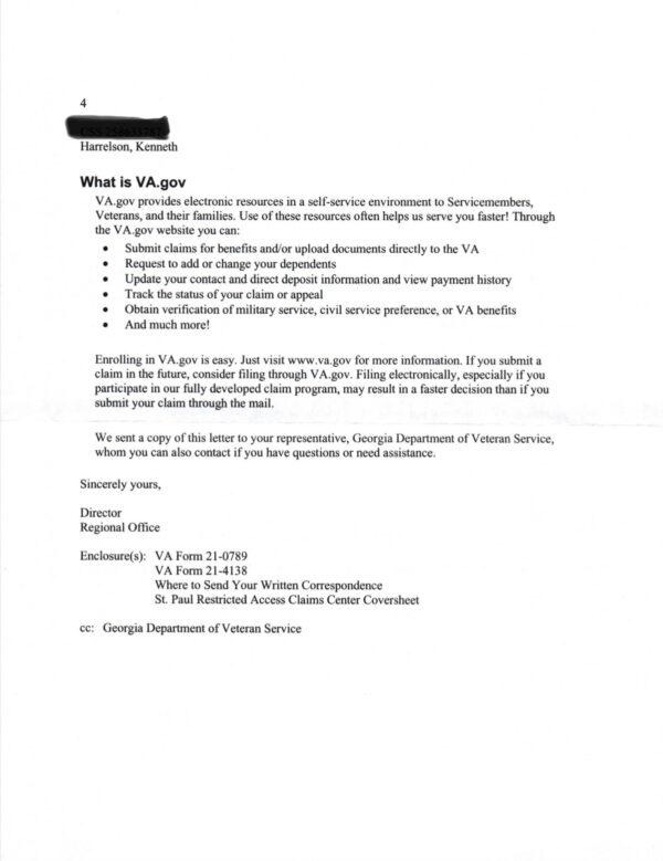 Page 4, the signature page, of the unsigned June 13, 2022 letter received by Angel and Kenneth Harrelson from the "Director Regional Office" providing clarification of "what" VA.gov "is" and provides information on how "enrolling in VA.gov is easy." (Courtesy of Angel Harrelson)