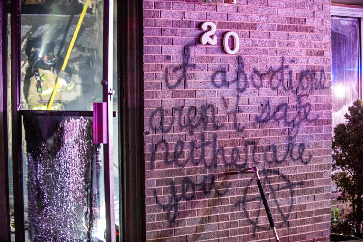 A message written on the wall of a pro-choice pregnancy resource center that was set on fire in Longmont, Colorado, on June 25, 2022. (Longmont Police Department)