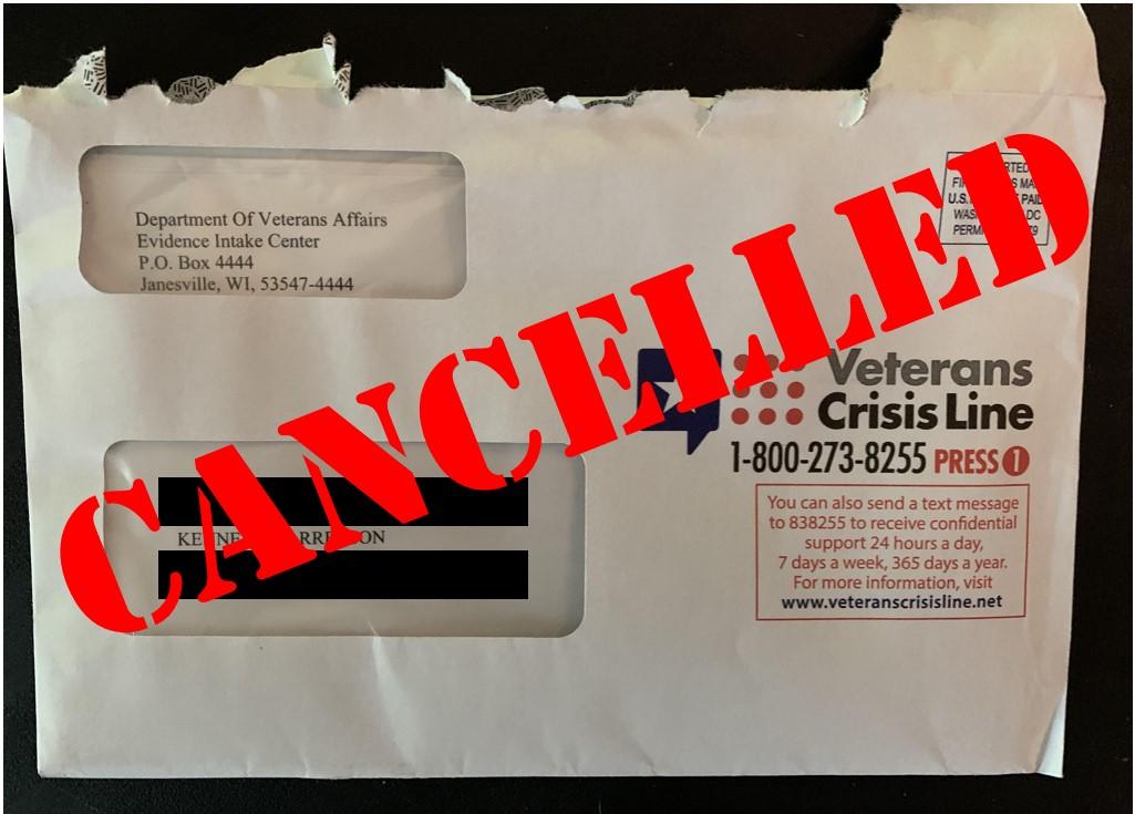 Envelope containing a four-page letter informing Kenneth and Angel Harreslson that, because of information sent to them from the Department of Justice, the Veterans Administration has decided to suspend all of Kenneth's veterans benefits and of September 1, 2022. (Photo Courtesy of Angel Harrelson, graphically enhanced by Patricia Tolson/The Epoch Times)