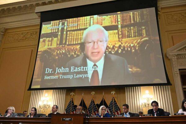 Former lawyer of former President Donald Trump, John Eastman, appears on screen during the fourth hearing by the House Select Committee in the Cannon House Office Building in Washington, on June 21, 2022. (Mandel Ngan/AFP via Getty Images)