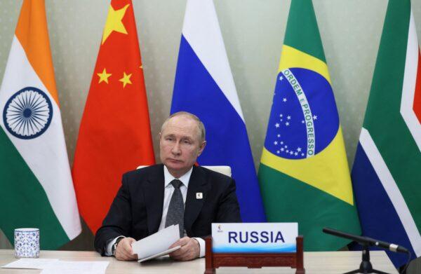 Russian President Vladimir Putin takes part in the XIV BRICS summit in virtual format via a video call, in Moscow, on June 23, 2022. (Mikhail Metzel/Sputnik/AFP via Getty Images)
