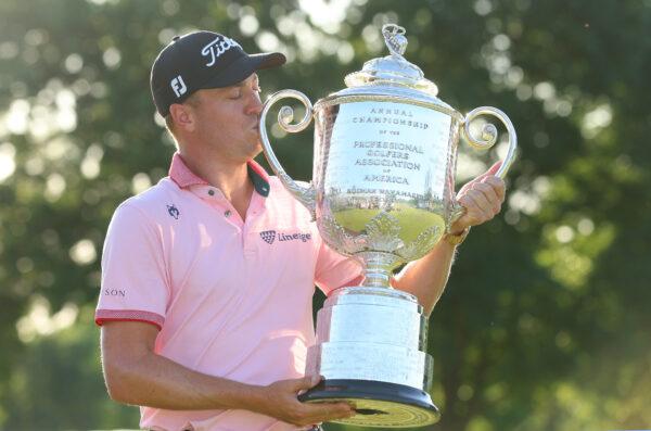 Justin Thomas of the United States poses with the Wanamaker Trophy after winning the 2022 PGA Championship at Southern Hills Country Club in Tulsa, Oklahoma on May 22, 2022. (Andrew Redington/Getty Images)