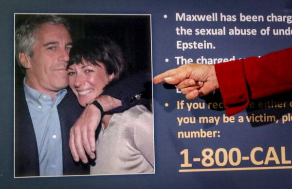 Audrey Strauss, acting U.S. attorney for the Southern District of New York, points to a photo of Jeffrey Epstein and Ghislaine Maxwell, during a news conference in New York on July 2, 2020. (John Minchillo/AP Photo)