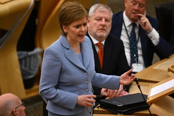 Scotland's First Minister Nicola Sturgeon addresses the Scottish Parliament in Edinburgh, on June 28, 2022. (Jeff J Mitchell/Getty Images)