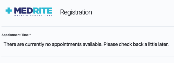 The monkeypox vaccine booking system in New York shows no appointments available, on June 28, 2022. (MedRite/Screenshot by The Epoch Times)