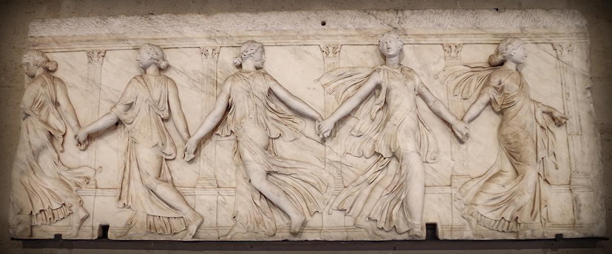 Marble relief of the “Borghese Dancers,” carved during the second century in Rome. Louvre Museum. (Public Domain)