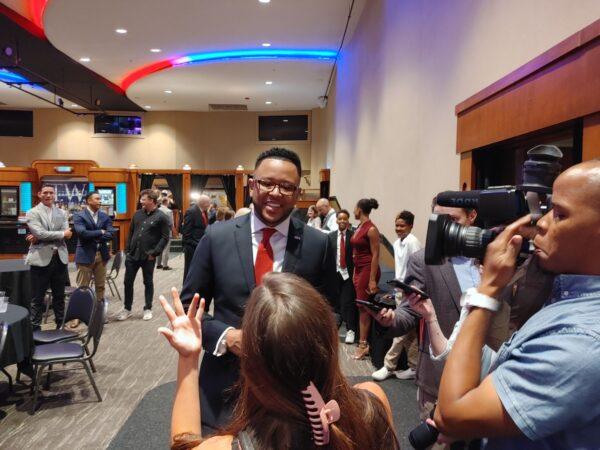 Former Oklahoma Speaker of the House and current bank CEO T.W. Shannon speaks to the press following his advance to the U.S. Senate primary runoff election in Oklahoma City, Oklahoma, on June 28, 2022. (Jeff Louderback/The Epoch Times)