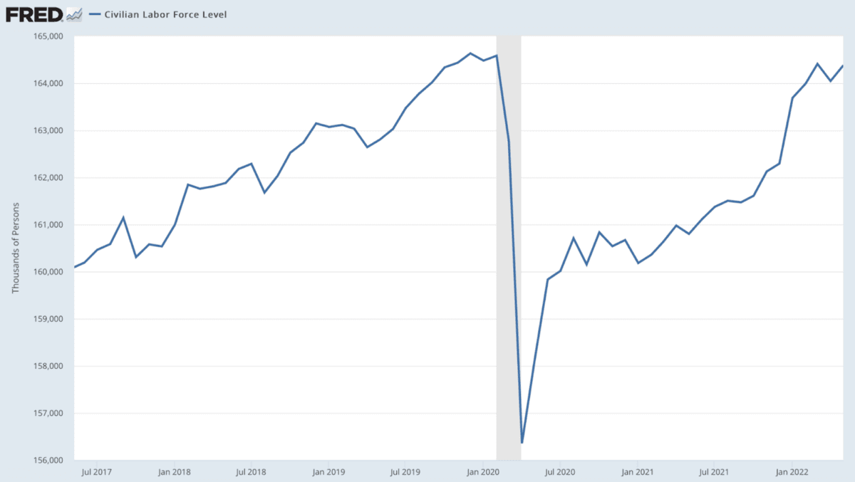 Civilian Labor Force Level. (Data: Federal Reserve Economic Data [FRED], St. Louis Fed; Chart: Jeffrey A. Tucker)