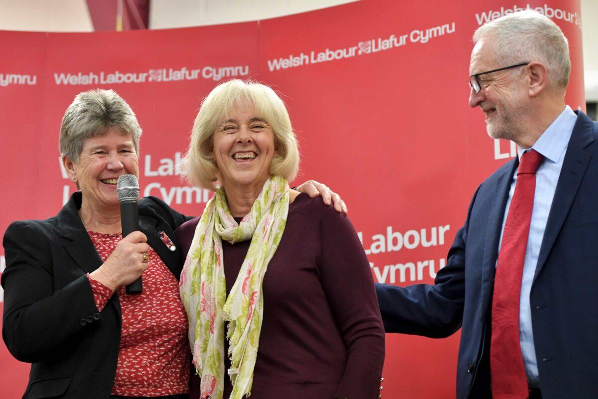Jane Hutt (L) looks on as Labour Party leader Jeremy Corbyn congratulates Ruth Jones, the new MP for Newport West in Newport, Wales, on April 5, 2019. (Anthony Devlin/Anthony Devlin/Getty Images)