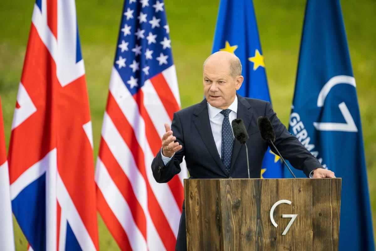 German Chancellor Olaf Scholz speaks to the media on the last day of the three-day G7 summit at Schloss Elmau, near Garmisch-Partenkirchen, Germany, on June 27, 2022. ( Thomas Lohnes/Getty Images)